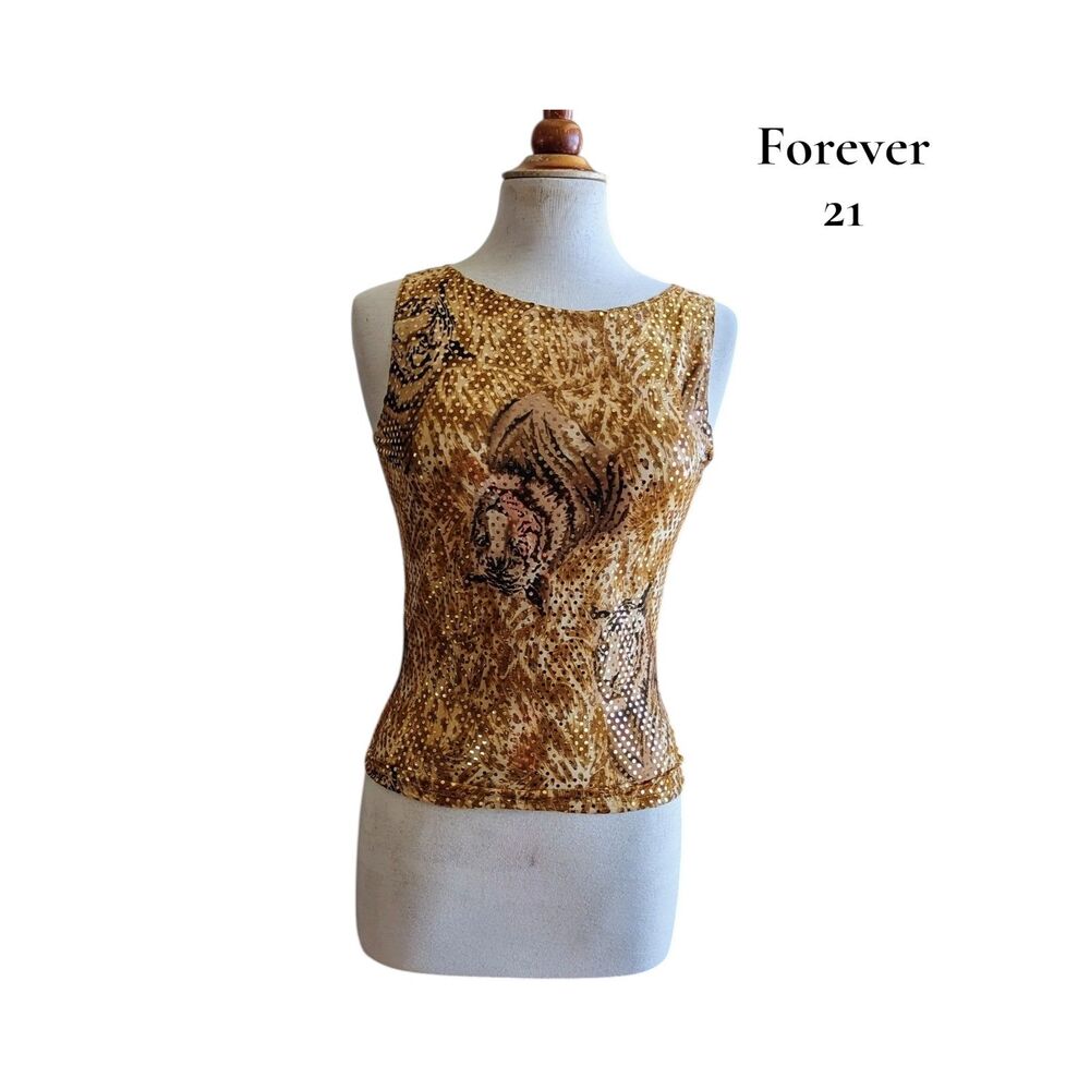 Forever 21 Gold Sequin Tiger Print Sleeveless Tank Top Size L Y2K Glam